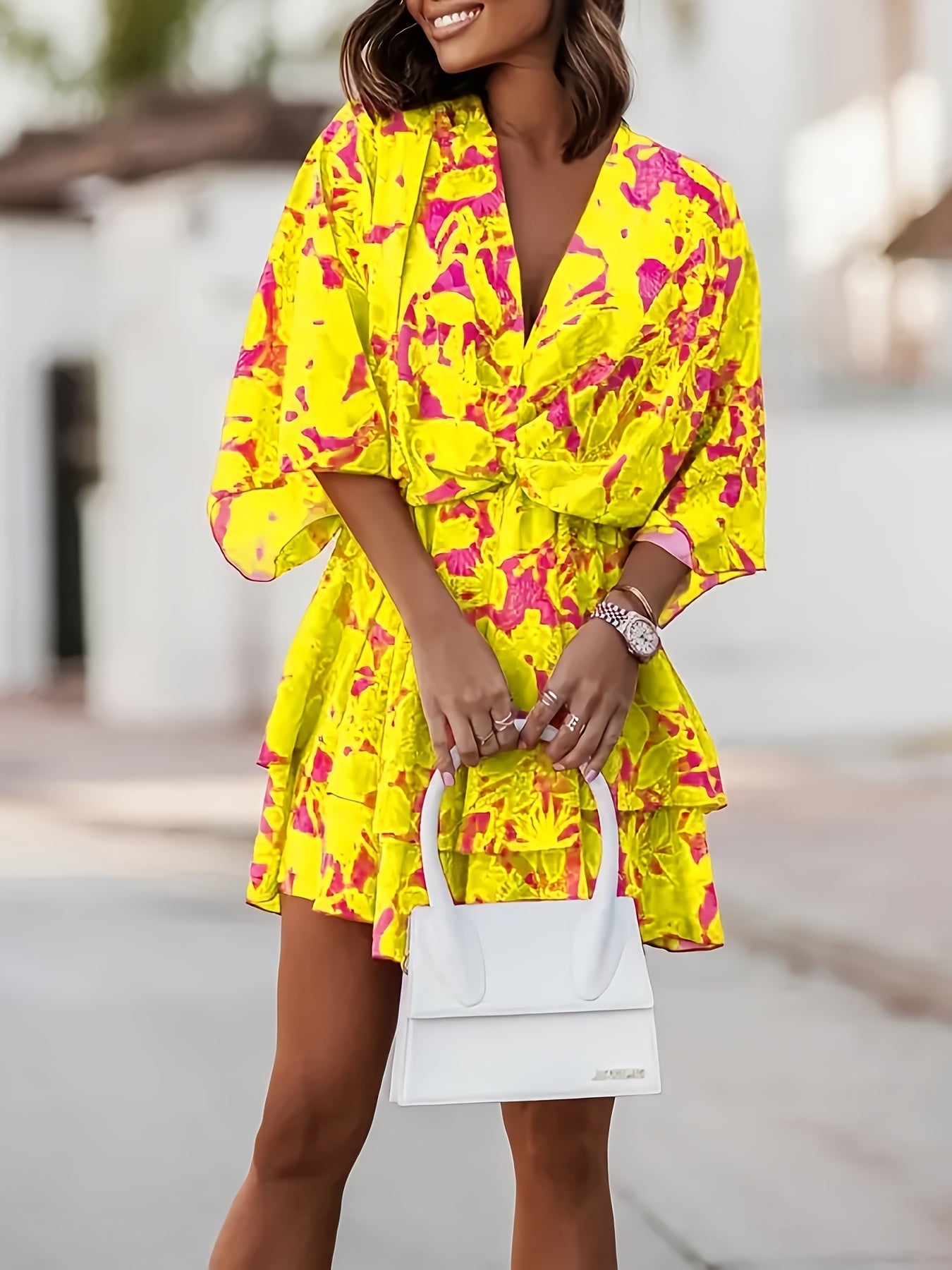 Effortless Wrap Mini Dress for Women with V Neck Batwing Sleeve