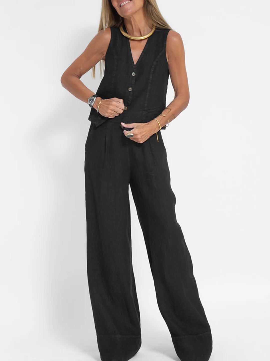 Comfortable Two Piece Set for Women with V Neck Sleeveless Wide Leg