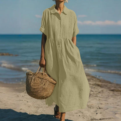 Stylish Maxi Dress for Women with Collared Short Sleeve Pleated