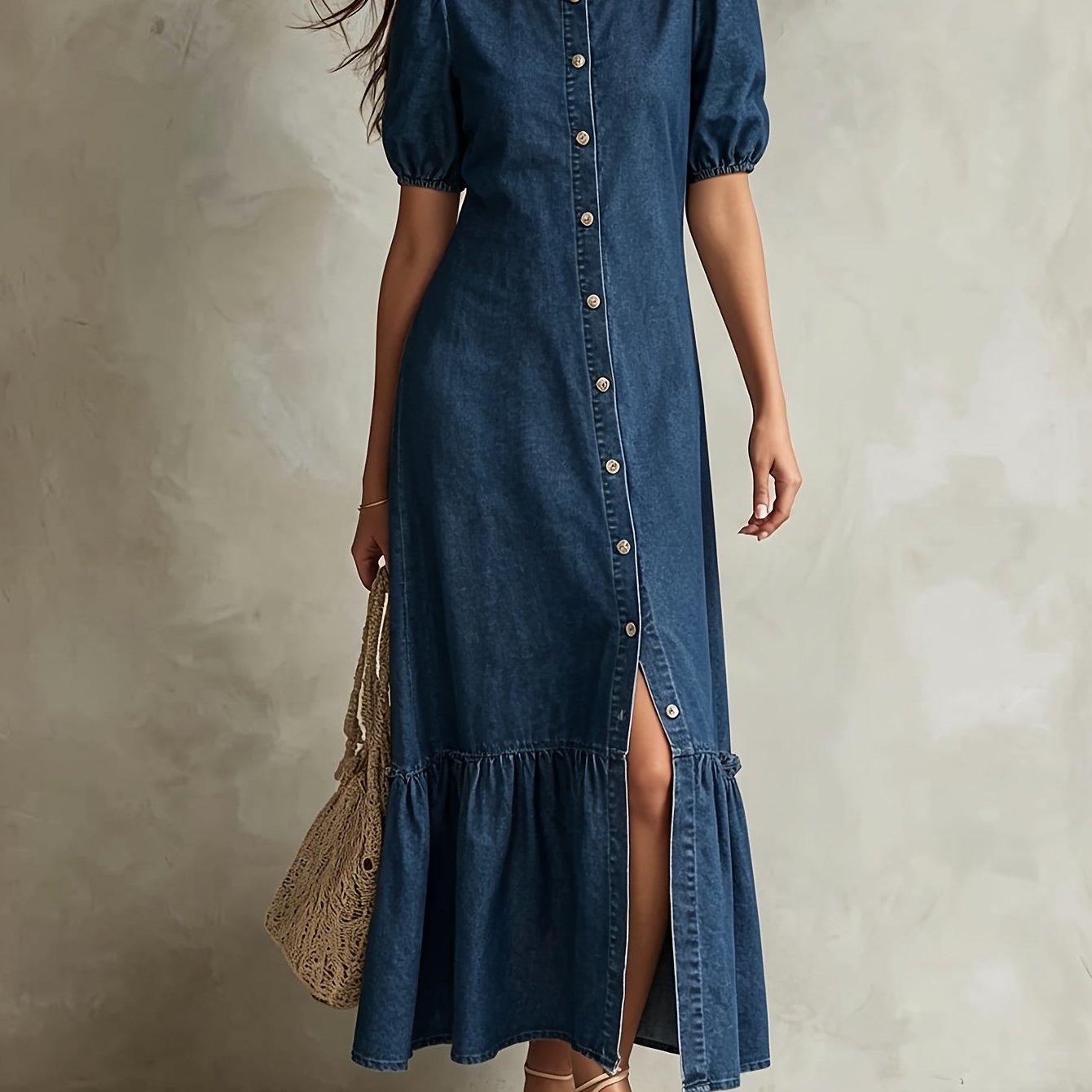 Elegant Blue Denim Maxi Dress for Women with Collar Puff Sleeve Front Slit Style