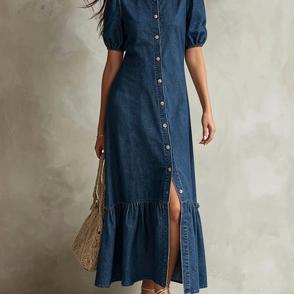 Elegant Blue Denim Maxi Dress for Women with Collar Puff Sleeve Front Slit Style