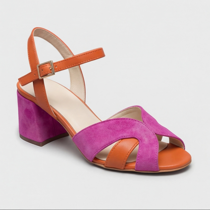 Comfortable Pink Color Block Heels for Women with Orthopedic Chunky Heel Ankle Strap Style