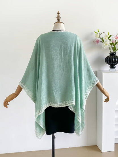 Effortless Poncho Shirt for Women with Embroidered Trim Batwing Sleeve Style