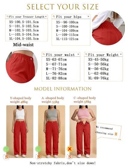 Effortless Red Cargo Pants for Women with High Waist Wide Leg Pocket Style
