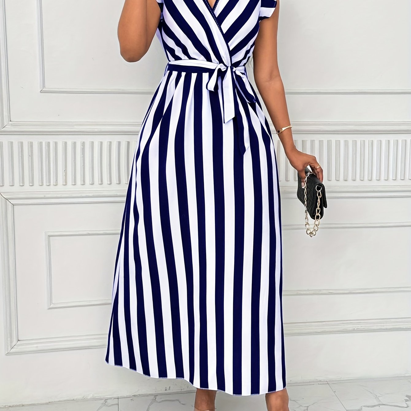 Stylish Striped Wrap Maxi Dress for Women with Ruffle Sleeve