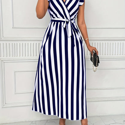 Stylish Striped Wrap Maxi Dress for Women with Ruffle Sleeve