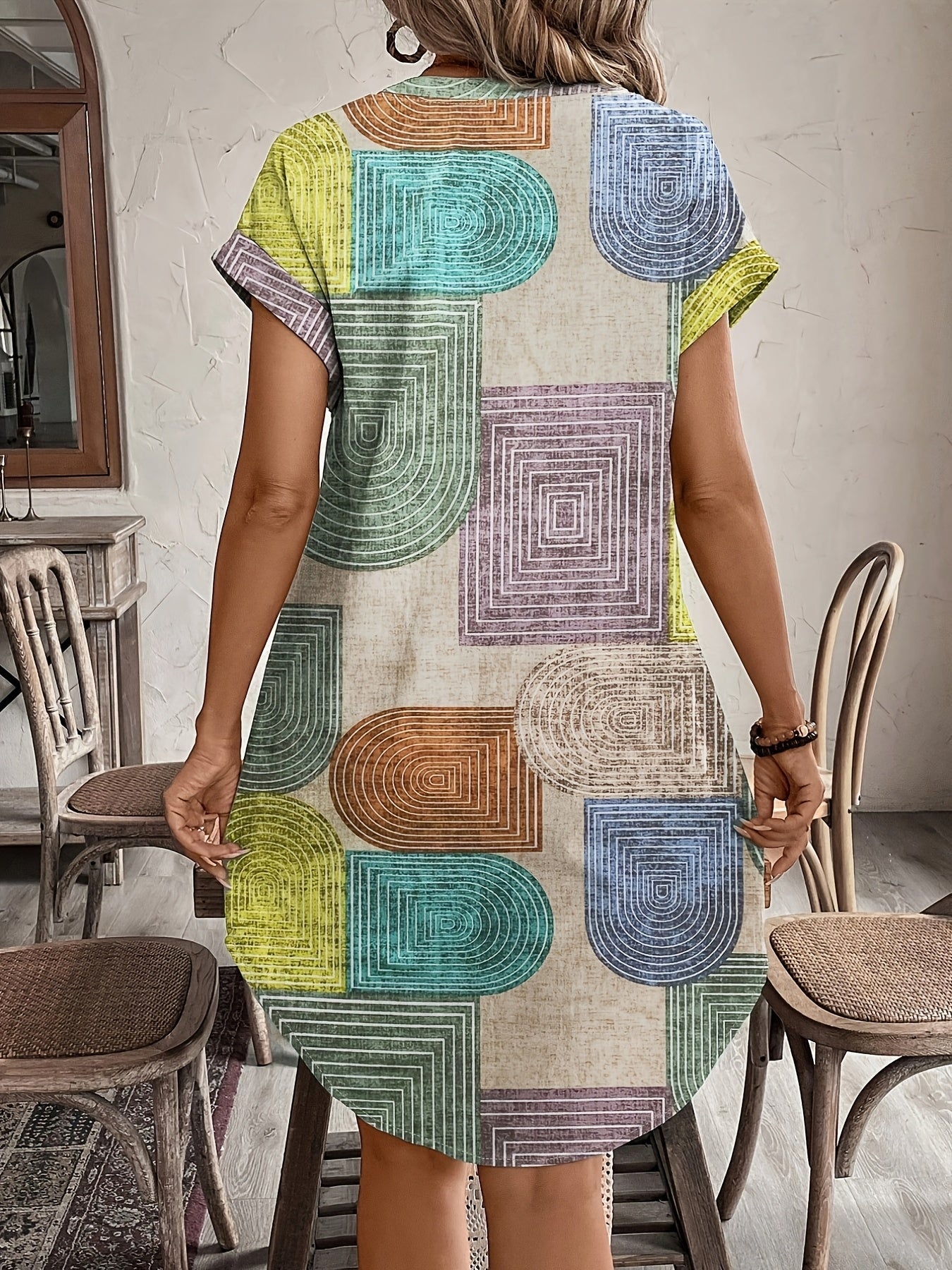 Effortless Geometric Shirt Dress for Women with V Neck Retro