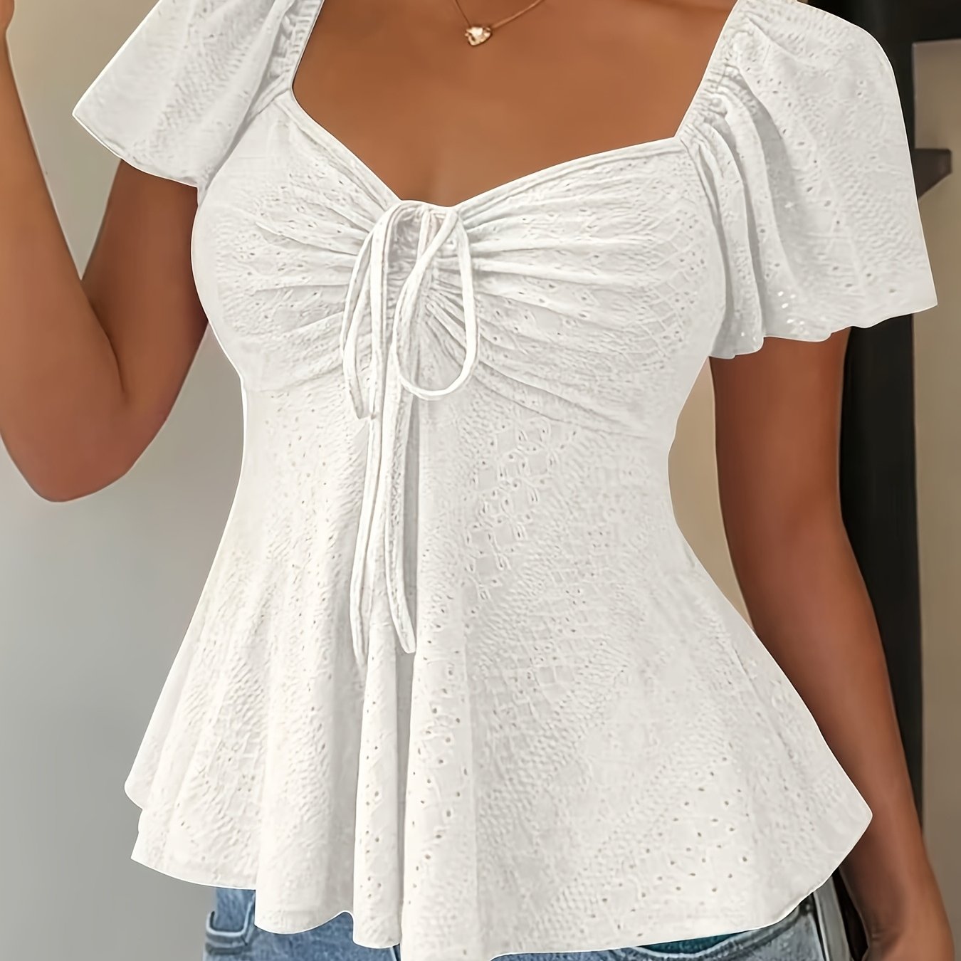 Effortless Blouse for Women with Sweetheart Neck Flutter Sleeve Peplum
