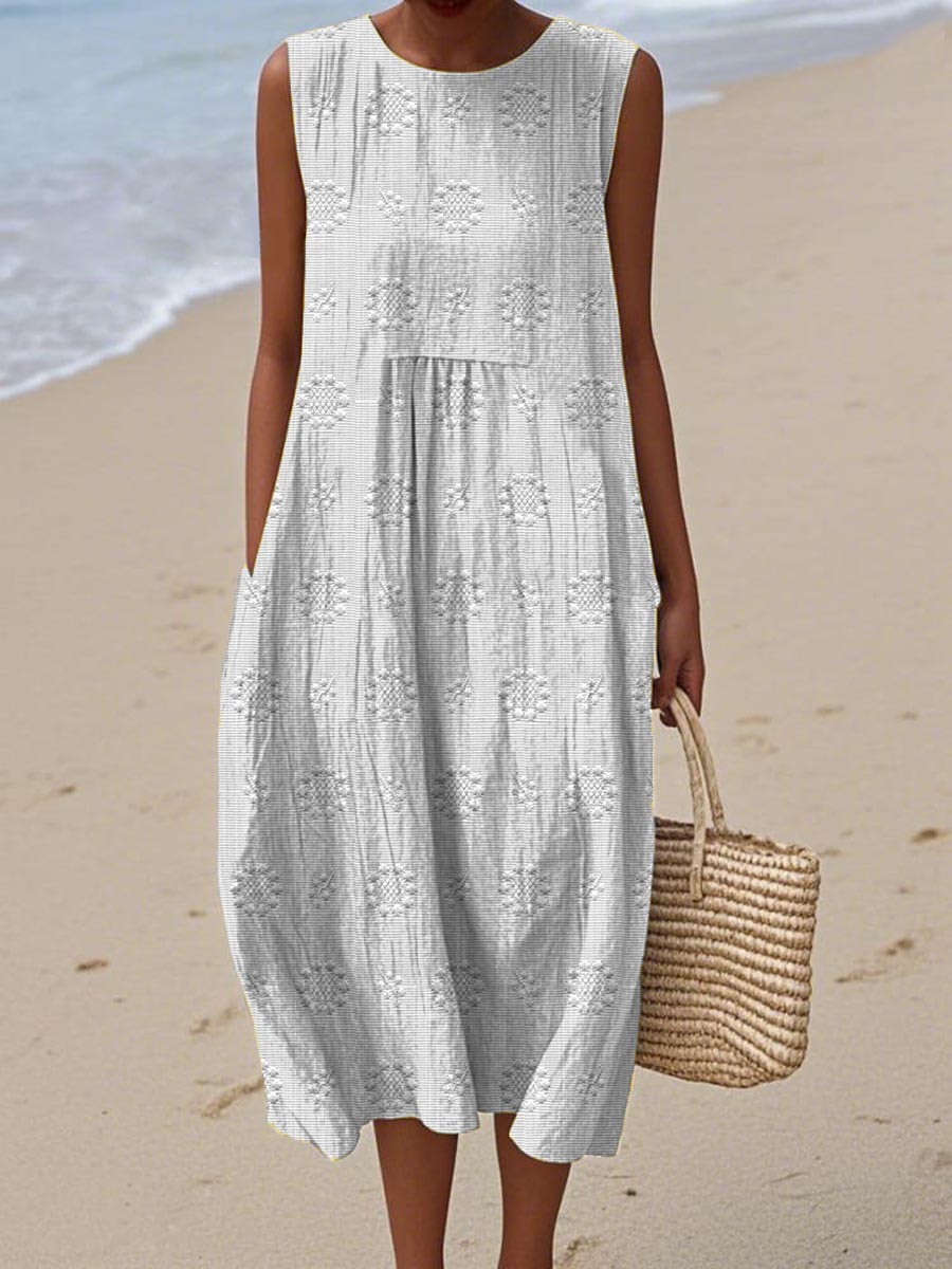 Elegant Floral Midi Dress for Women with Sleeveless Pocket