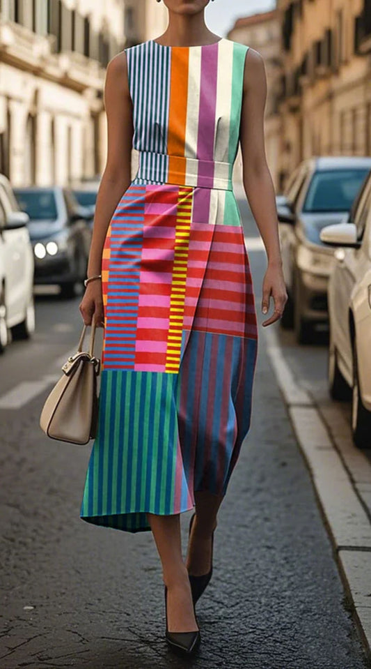 Elegant Printed Evening Dress for Women with Sleeveless Formal Wedding Guest Style