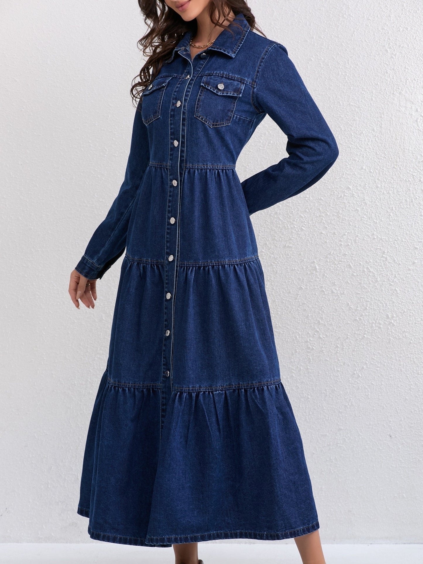 Elegant Blue Denim Maxi Dress for Women with Collar Long Sleeve Tiered Style
