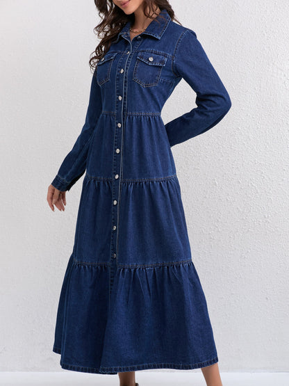 Elegant Blue Denim Maxi Dress for Women with Collar Long Sleeve Tiered Style