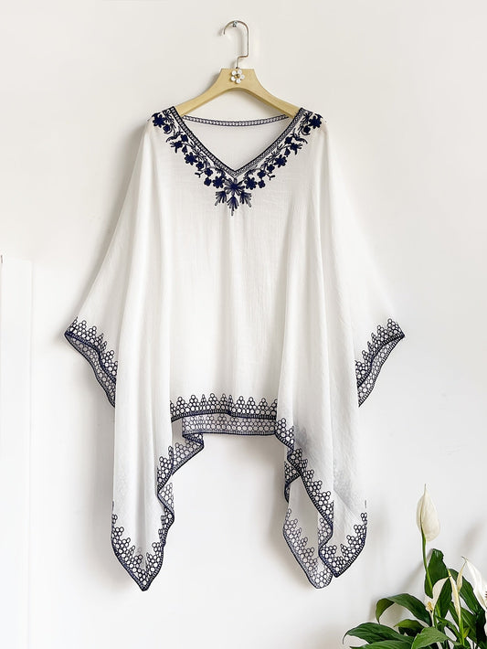 Effortless Poncho Shirt for Women with Embroidered Trim Batwing Sleeve Style