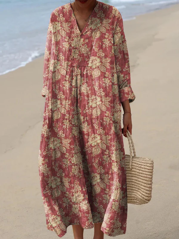 Elegant Red Floral Dress for Women with Vintage Casual Style