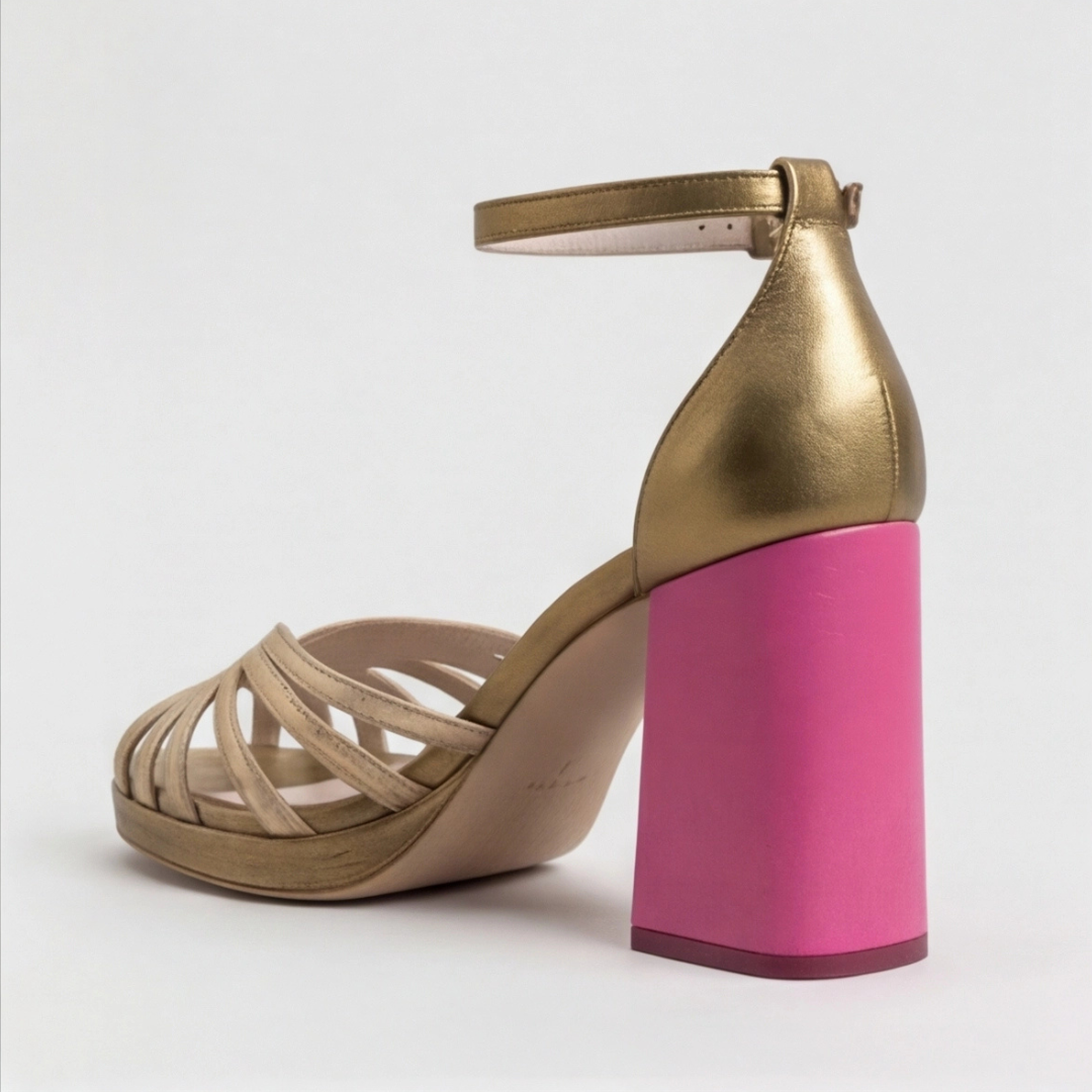 Comfortable Gold Heels for Women with Block Heel Ankle Strap Style