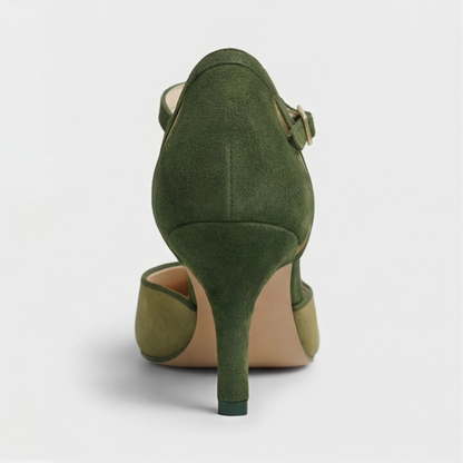 Comfortable Green Suede Heels for Women with T Strap Kitten Heel Buckle Style