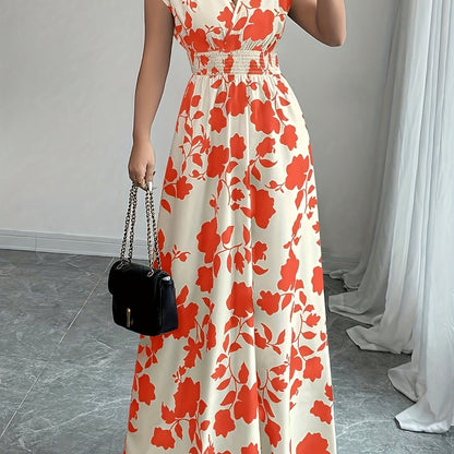 Elegant Floral Maxi Dress for Women with V Neck