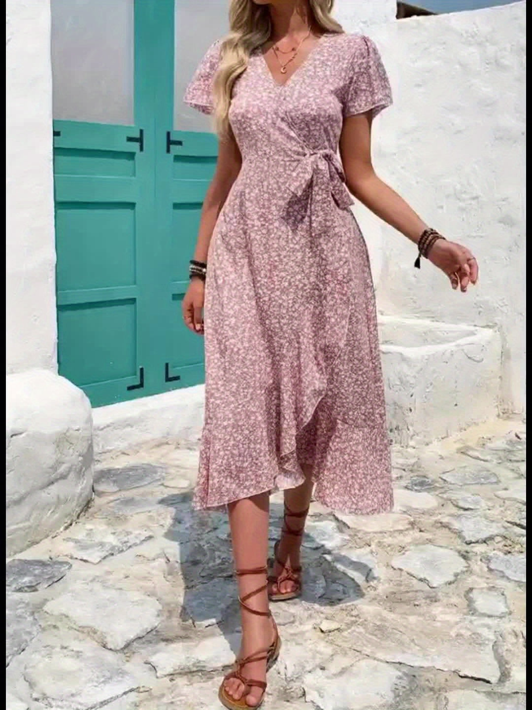 Effortless Floral Wrap Mini Dress for Women with V Neck