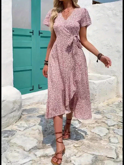 Effortless Floral Wrap Mini Dress for Women with V Neck