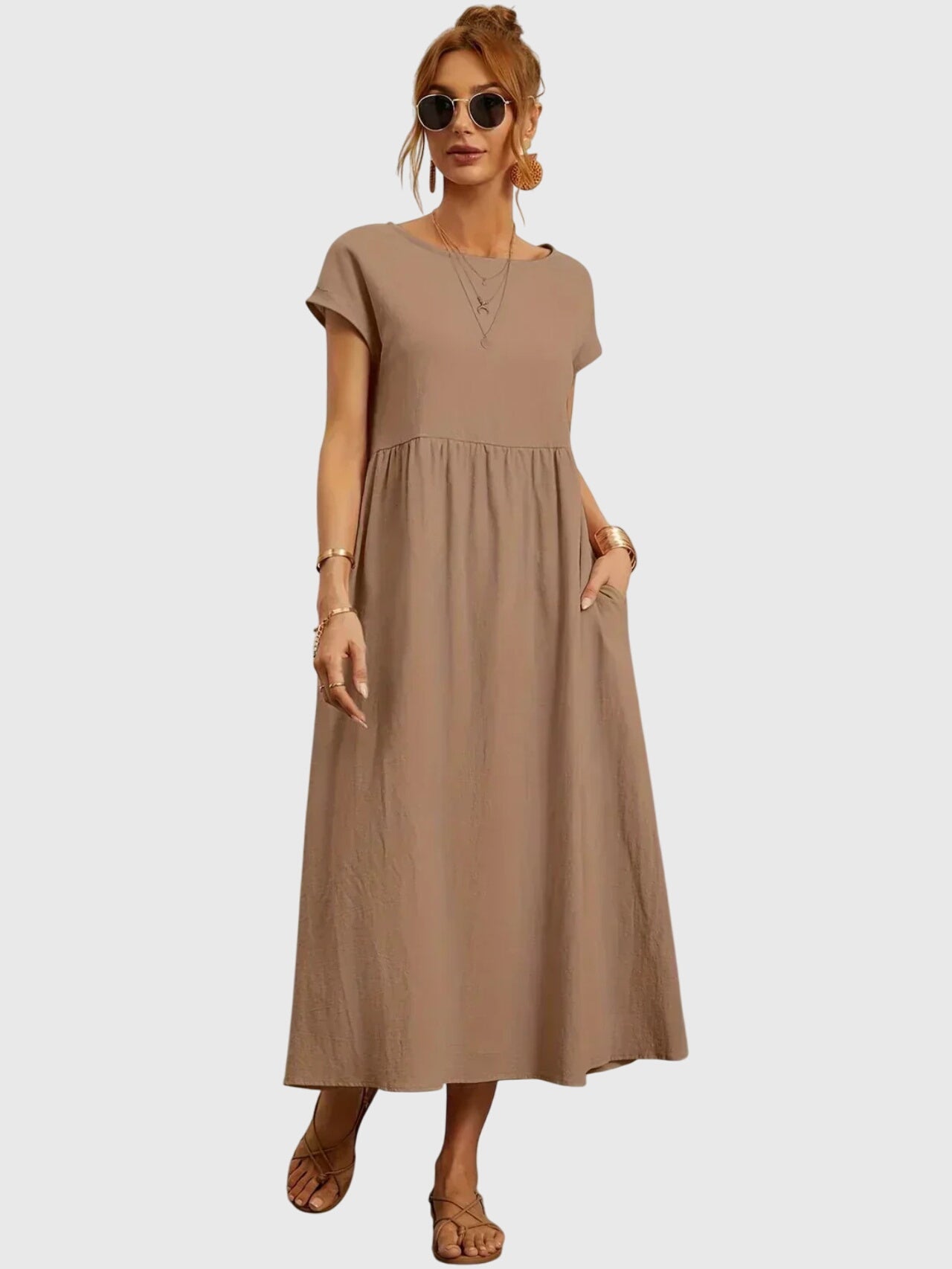 Effortless Round Neck Maxi Dress for Women with Short Sleeve Empire Waist Pocket Casual Style