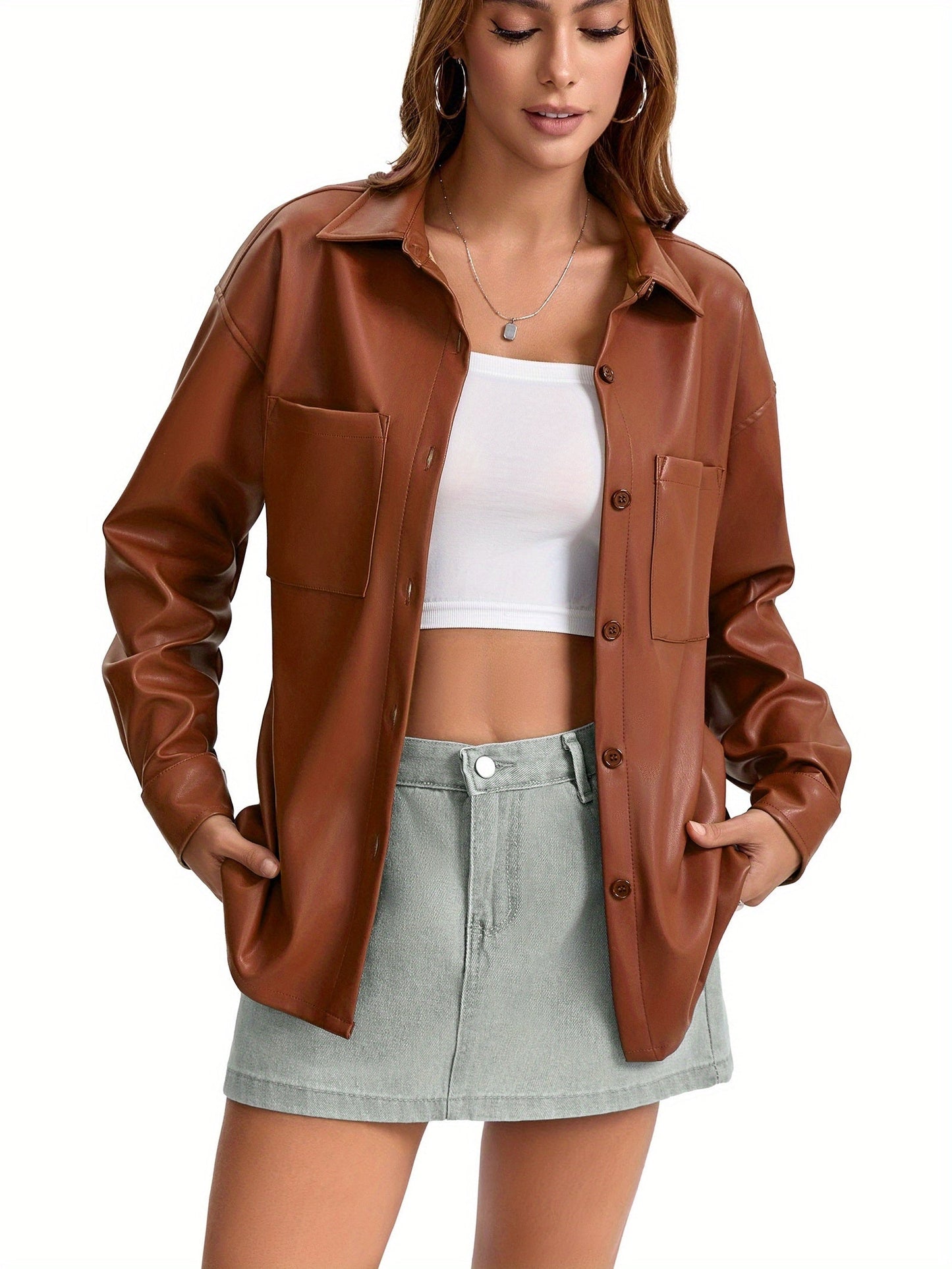 Effortless Leather Shirt Jacket for Women with Collar Button Front Relaxed Style