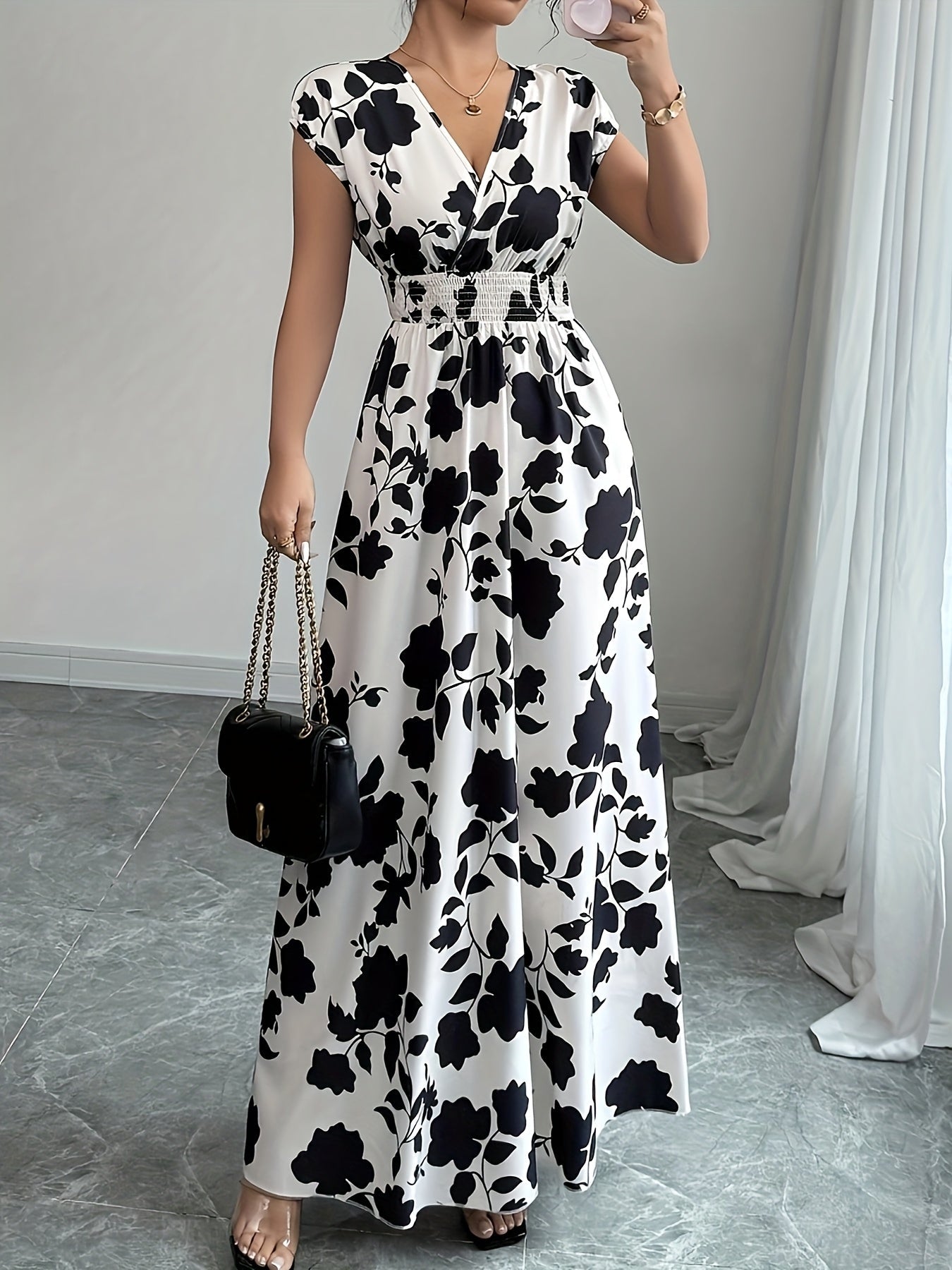 Elegant Floral Maxi Dress for Women with V Neck