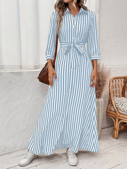 Effortless Striped Maxi Dress for Women with Collared Belted