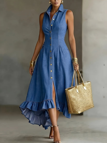 Elegant Blue Midi Dress for Women with Mock Neck Sleeveless Ruffle Hem Style