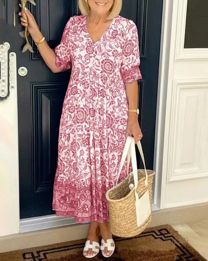 Stylish Flowy Floral Maxi Dress for Women with V Neck