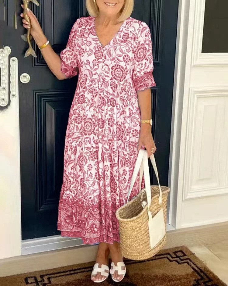 Stylish Floral Maxi Dress for Women with V Neck