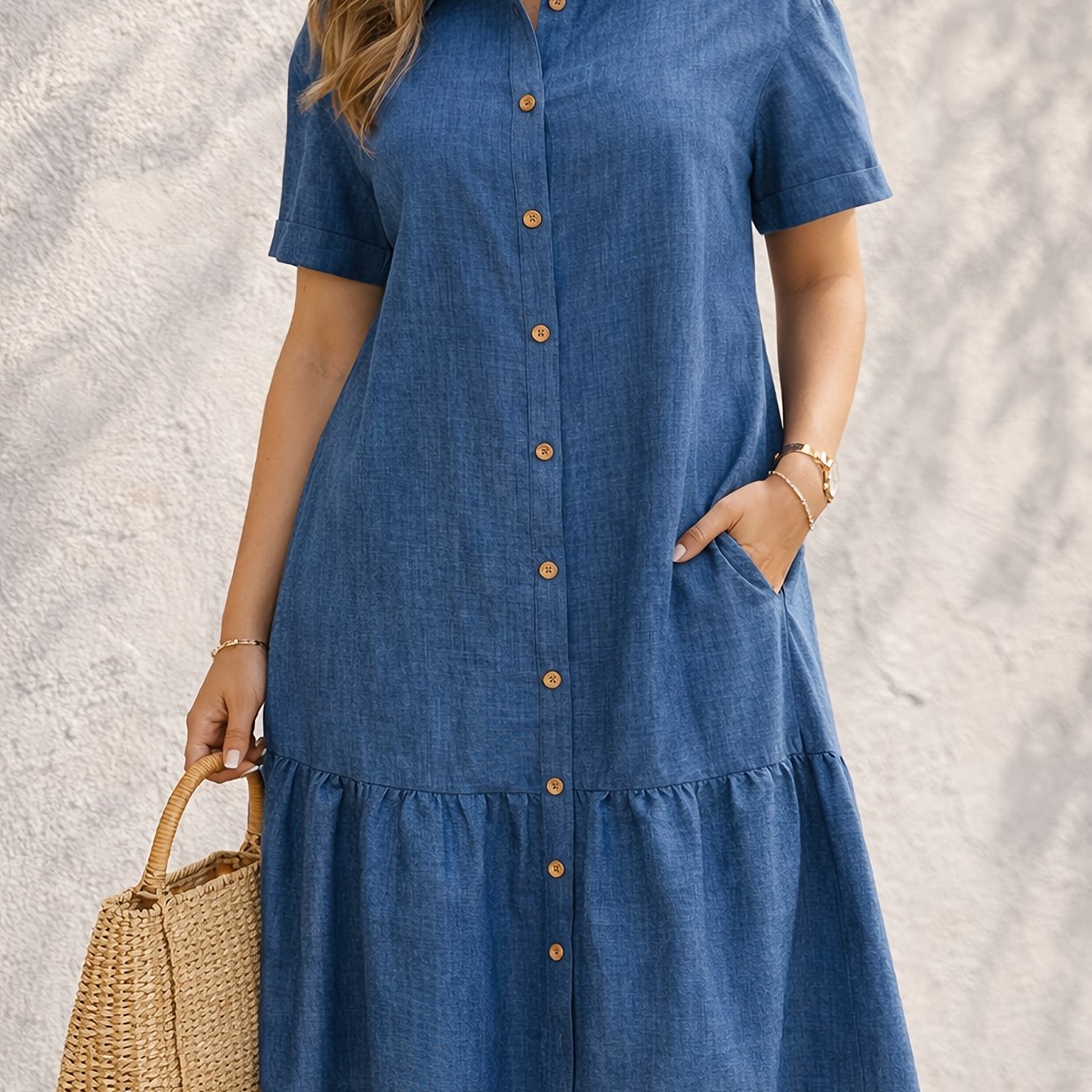 Effortless Blue Denim Shirt Dress for Women with Collar Short Sleeve Tiered Style