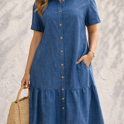 Effortless Blue Denim Shirt Dress for Women with Collar Short Sleeve Tiered Style