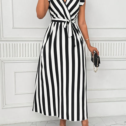 Stylish Striped Wrap Maxi Dress for Women with Ruffle Sleeve