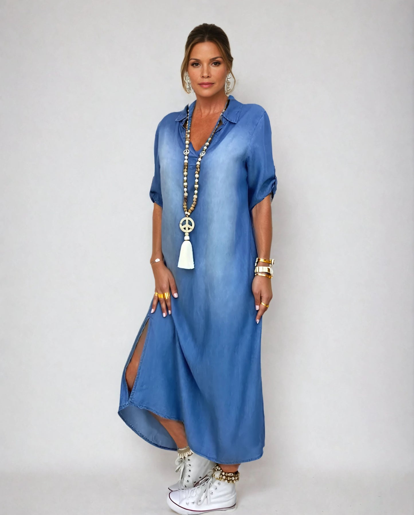 Elegant Blue Dress for Women with V Neck
