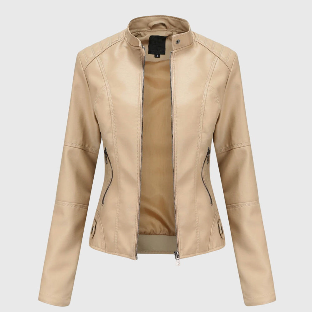 Elegant Leather Jacket for Women with Stand Collar Zip Front Fitted Style
