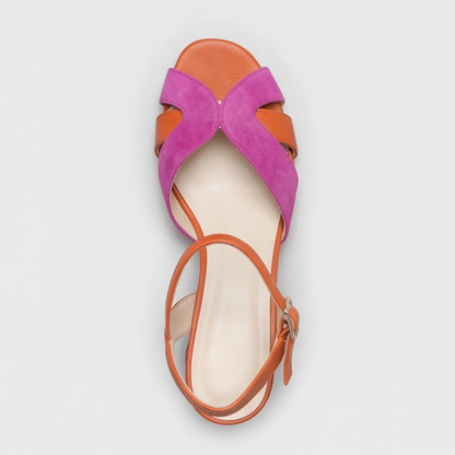 Comfortable Pink Color Block Heels for Women with Orthopedic Chunky Heel Ankle Strap Style