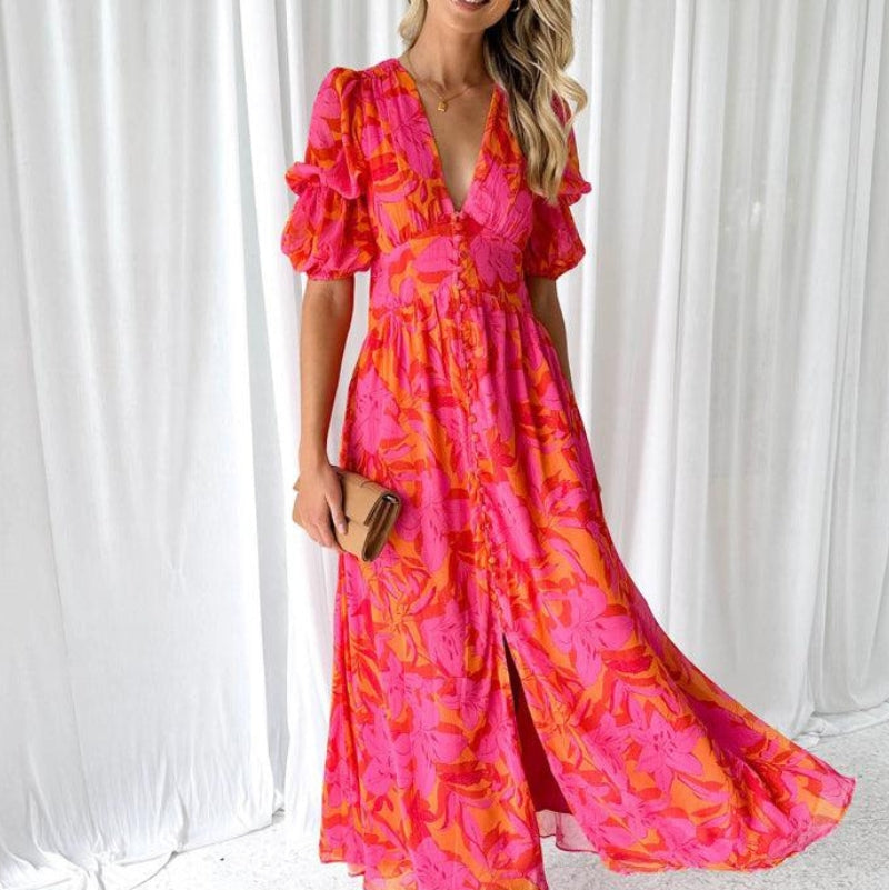 Stylish Maxi Dress for Women with V Neck Puff Sleeve
