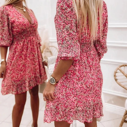 Stylish Floral Midi Dress for Women with V Neck