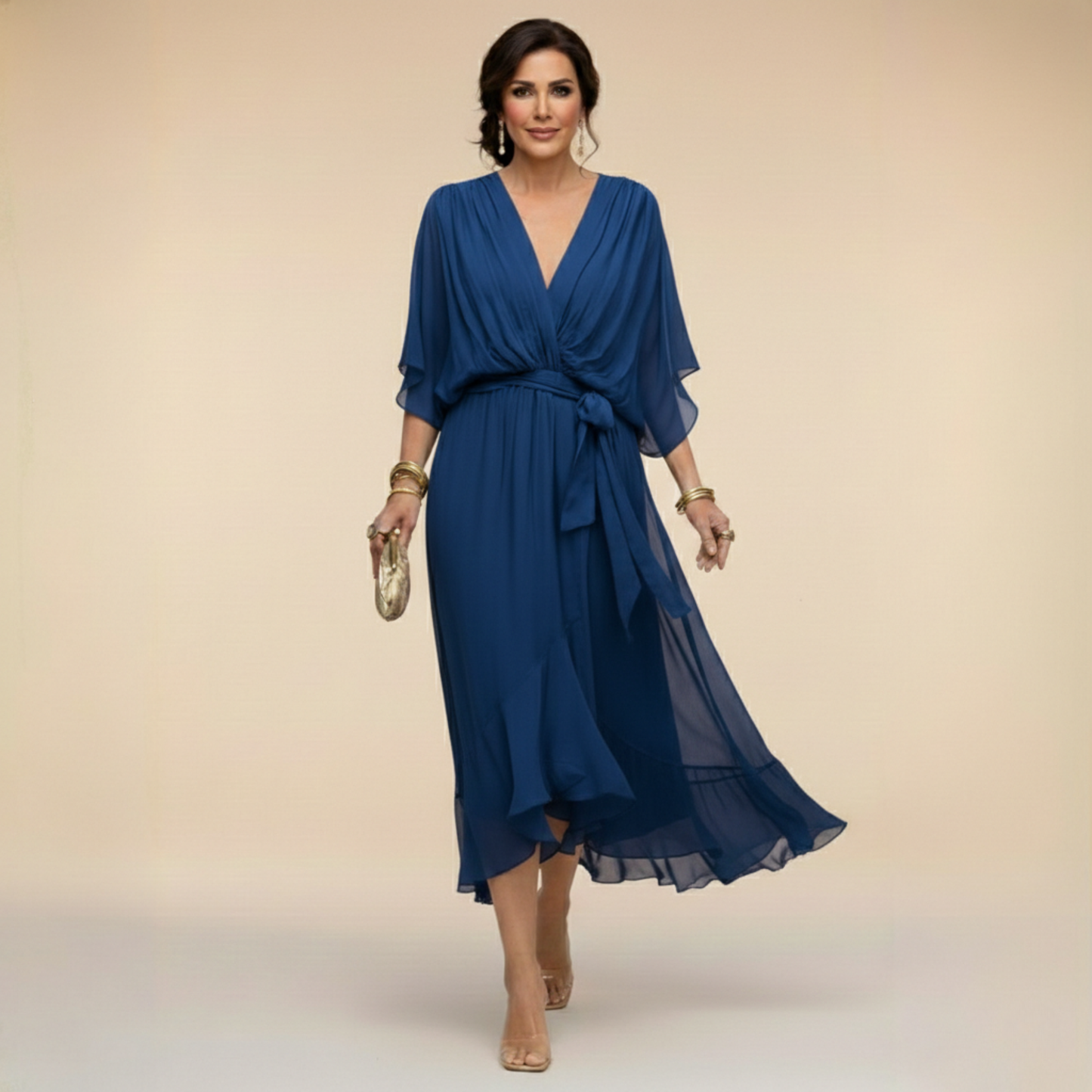 Stylish Chiffon Mini Dress for Women with V Neck