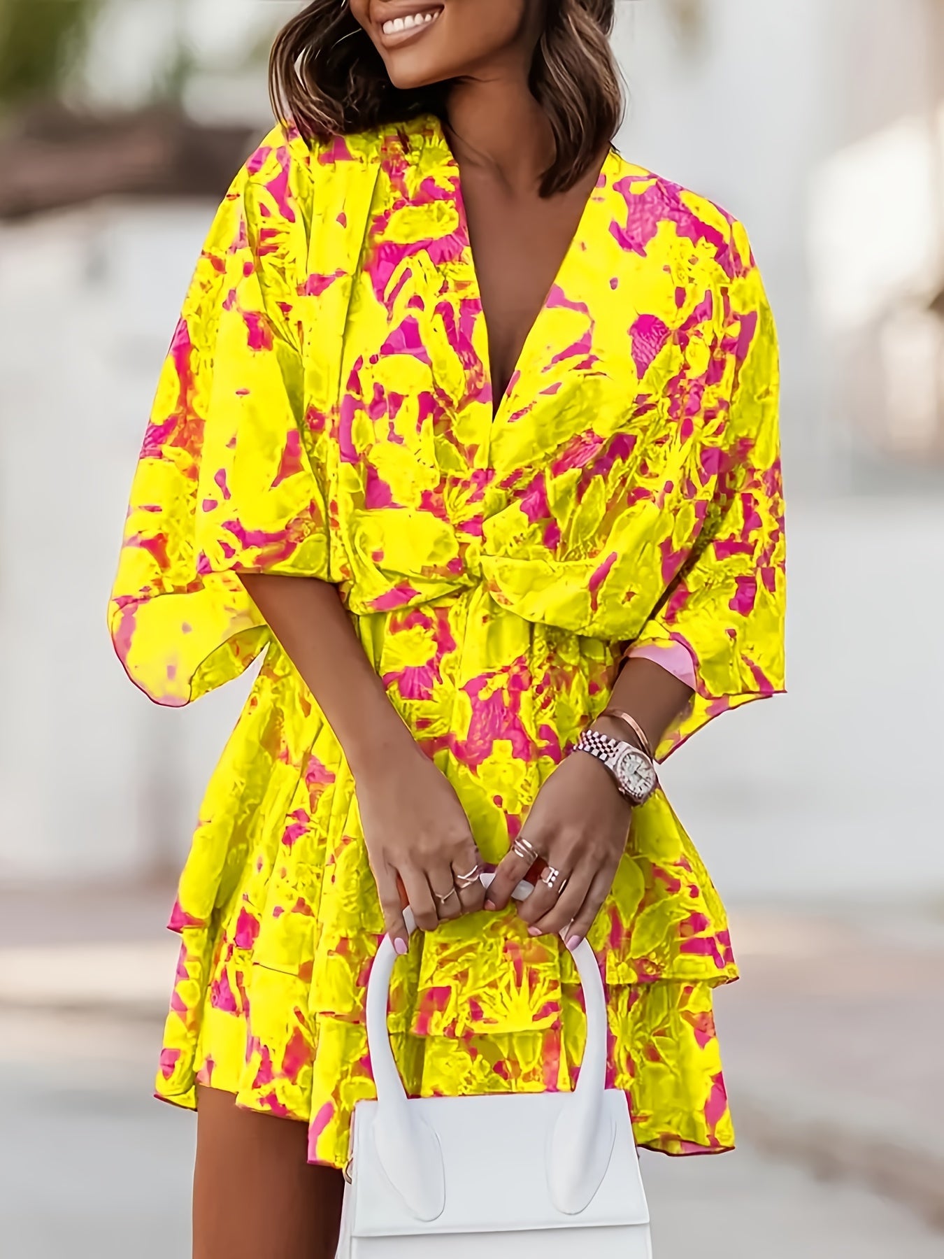 Effortless Wrap Mini Dress for Women with V Neck Batwing Sleeve