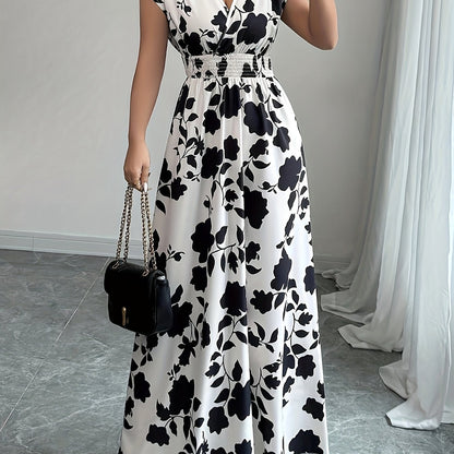 Elegant Floral Maxi Dress for Women with V Neck