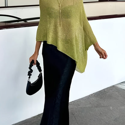 Elegant Poncho Shirts for Women with Half Zip Long Sleeve Asymmetric Hem Style