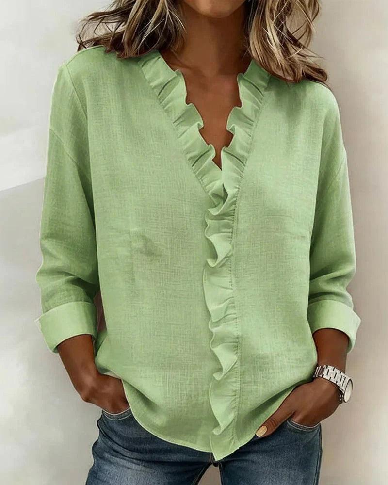 Stylish Blouse for Women with V Neck Long Sleeve Ruffled