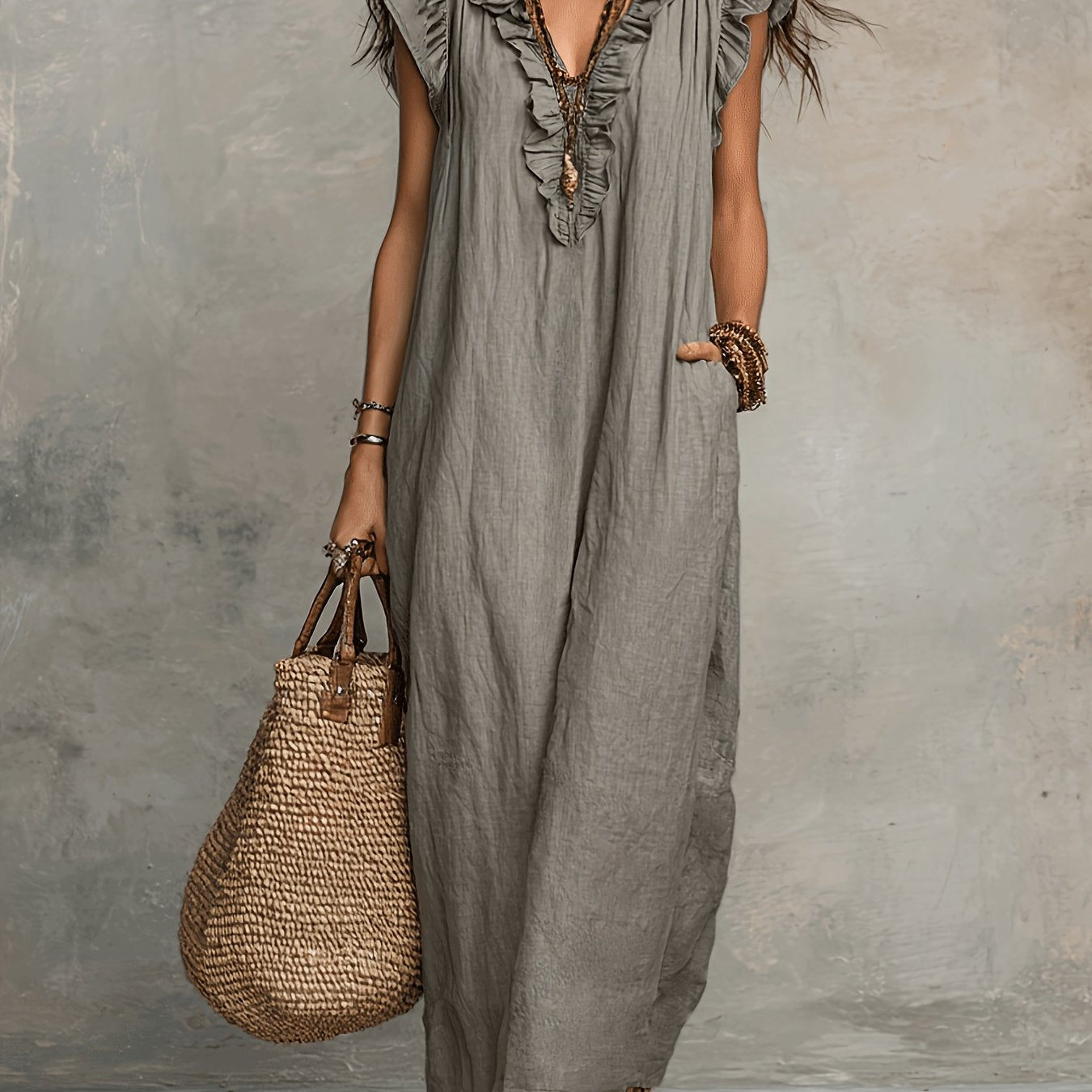 Effortless Maxi Dress for Women with V Neck Ruffled