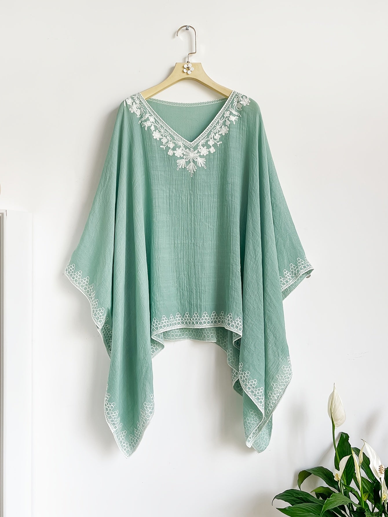 Effortless Poncho Shirt for Women with Embroidered Trim Batwing Sleeve Style