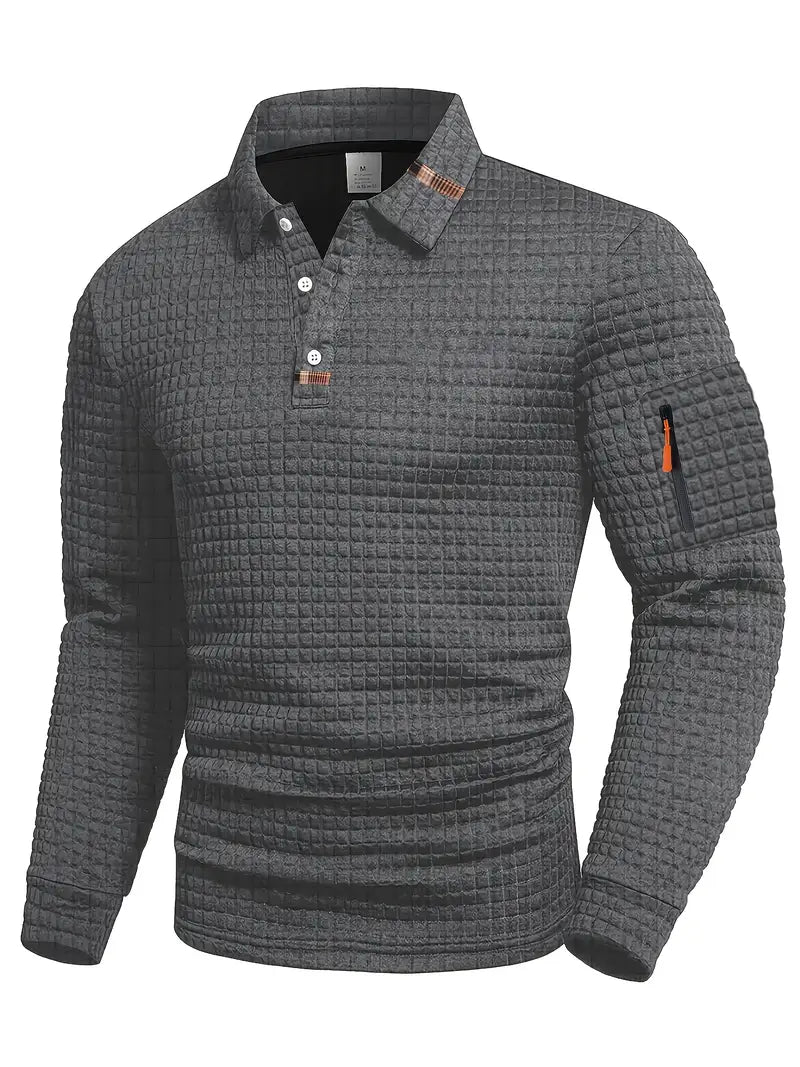 Classic Geometric Polo Shirt for Men with Long Sleeve Pocket