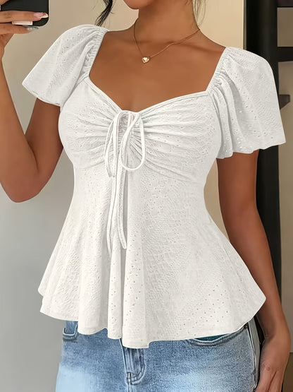 Effortless Blouse for Women with Sweetheart Neck Flutter Sleeve Peplum