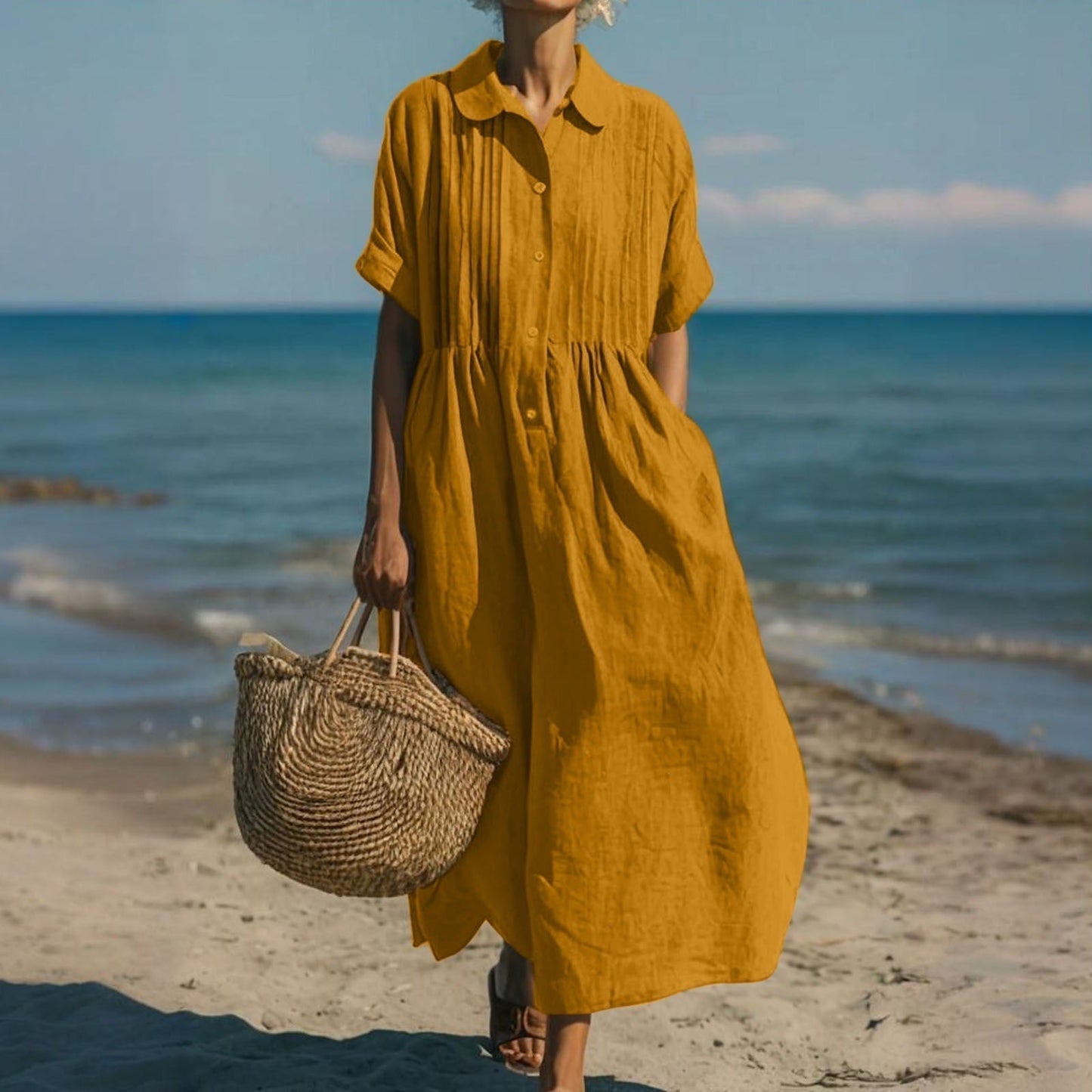 Stylish Maxi Dress for Women with Collared Short Sleeve Pleated