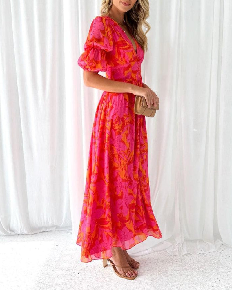 Stylish Maxi Dress for Women with V Neck Puff Sleeve