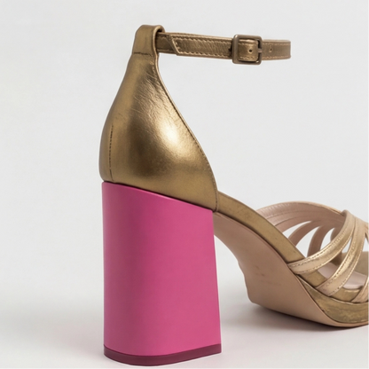 Comfortable Gold Heels for Women with Block Heel Ankle Strap Style